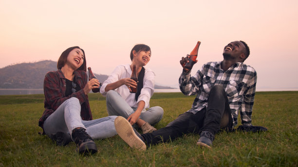 一群朋友在日落聚会上喝酒。图片下载