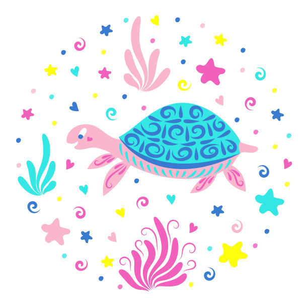 海龟在海草和海星之间游泳。儿童插图。可爱的海洋生物。股票矢量插图。白色背景上的孤立图像。水下世界。图片下载