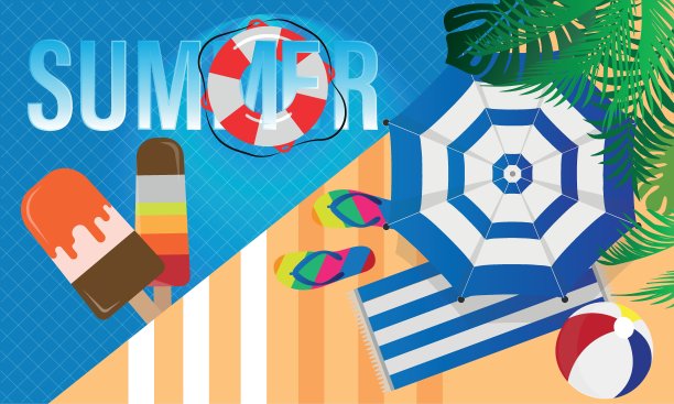 热带海滩顶视图背景与伞，球和凉爽的床垫。暑假矢量平面设计插画。夏季背景设计模板为横幅、传单、请帖、海报。图片下载