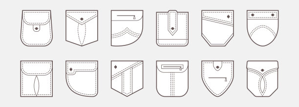 补丁口袋矢量图标，纽扣和线缝的衬衫和裤子。衣服口袋形状各异，勾勒出休闲风格。时尚服装插图图片下载