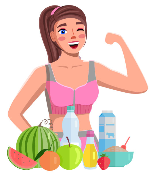 健身博客女孩，展示二头肌，健康的食物和水。关于健康生活的博客。平面图像图片下载