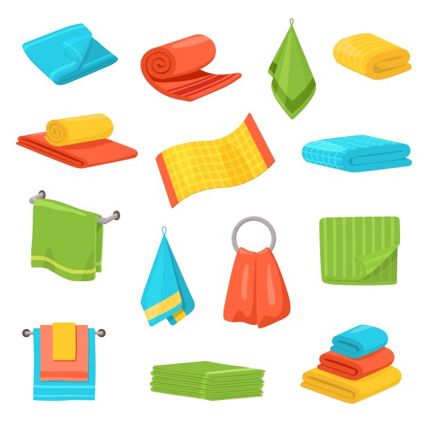 卡通毛巾。浴材毛巾，浴室用毛绒棉织品。面料辅料堆，色彩缤纷的海滩或酒店纺织最新矢量集图片下载