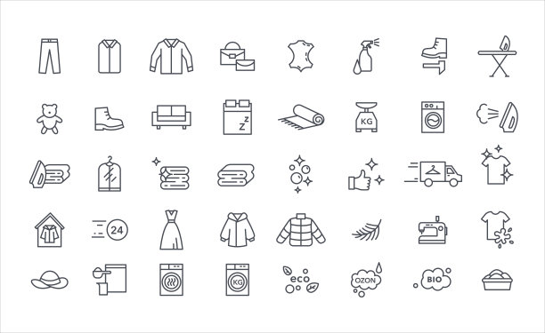 洗衣清洗和清洁服务瘦图标向量集图片下载