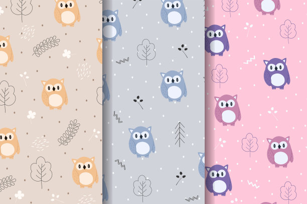 三套无缝矢量图案的有趣卡通猫头鹰在森林。北欧风格。背景壁纸印刷。儿童卡通人物。图片下载