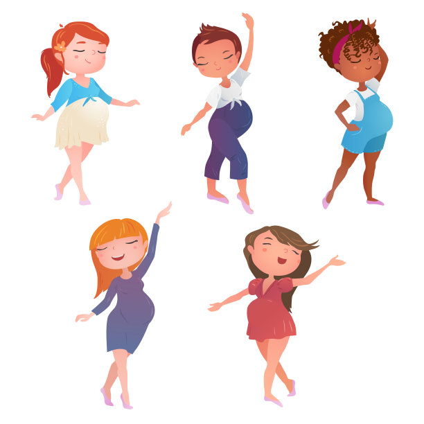 孕妇的动态姿势。矢量插图。图片下载