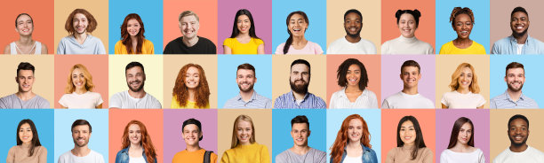 一组人物肖像与微笑的面孔在彩色的背景图片下载