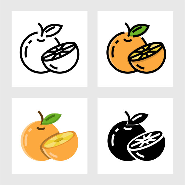 橙色水果图标矢量设计，细线，轮廓和扁平的风格。图片下载