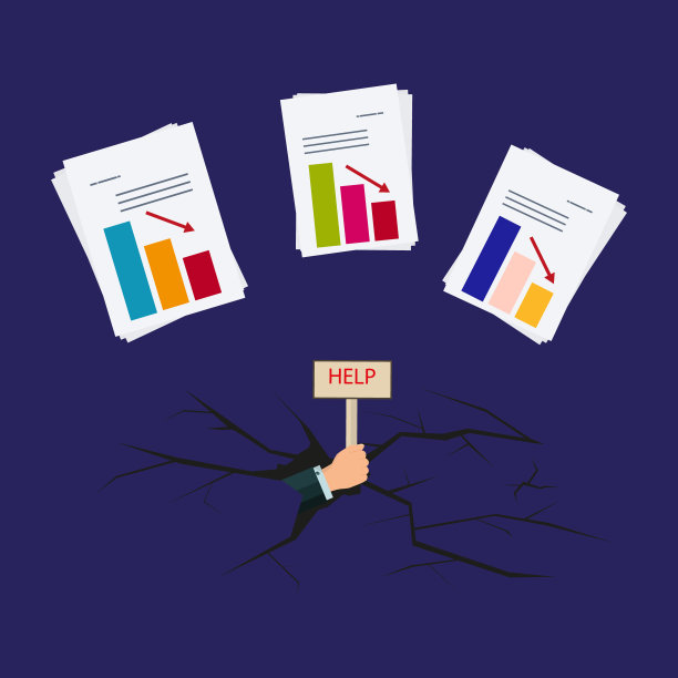 资不抵债，破产。商人的手在地上的裂缝里。举一个写着“救命”的牌子。下降，损失图表。业务挽救或亏损概念。向量图片下载