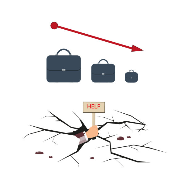资不抵债或破产。红色箭头表示业务组合中的损失或减少。一个商人的手伸进了土缝里。举一个写着“救命”的牌子。图片下载