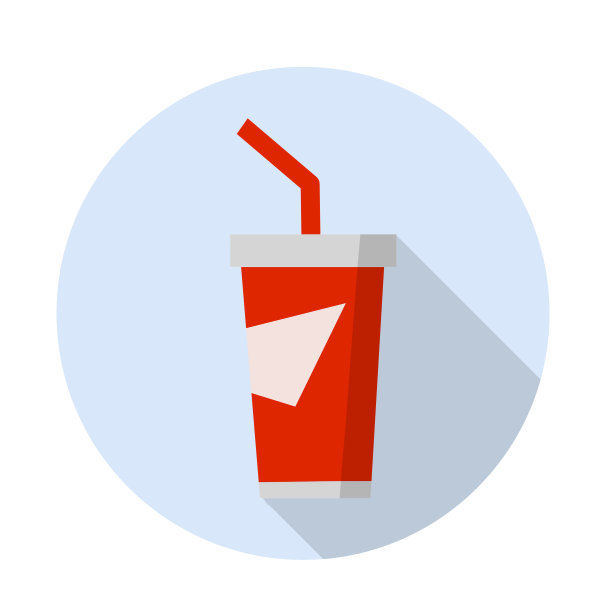 红色包装的苏打水。有趣的图标。玻璃用稻草。蓝色圆圈里的快餐元素。平的卡通插图图片下载