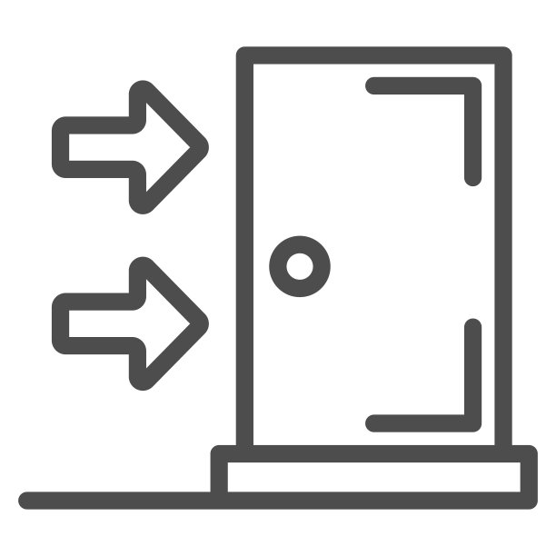 紧急出口线图标，安全工程概念，白色背景的出口标志，导航箭头和轮廓风格的门图标，用于移动概念和网页设计。矢量图形。图片下载