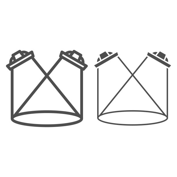 两个聚光灯线和固体图标，安全工程概念，充足的照明标志在白色背景，工作室照明图标轮廓风格的移动概念和网页设计。矢量图形。图片下载