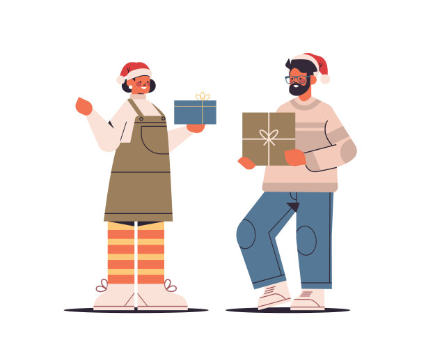 戴着圣诞老人帽的夫妇拿着包装好的礼物图片下载