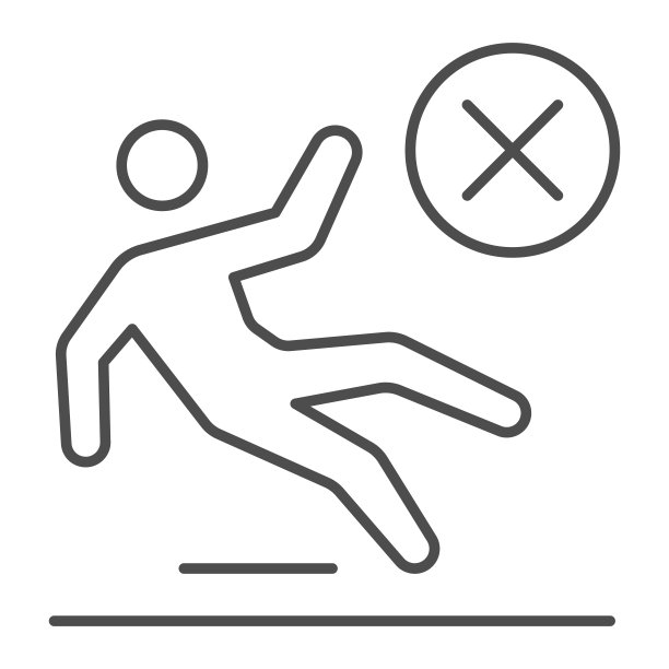 无滑面细线图标，安全工程概念，白色背景上的滑面警告标志，移动和网页上的人形坠落符号。矢量图形。图片下载