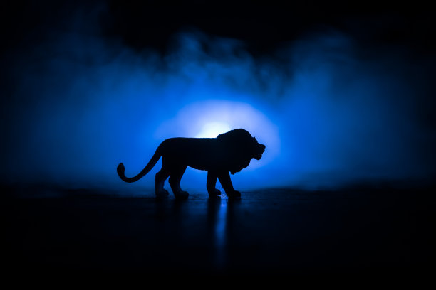 木桌上立着一只狮子的剪影。创意装饰与彩色背光与雾。有选择性的重点图片下载