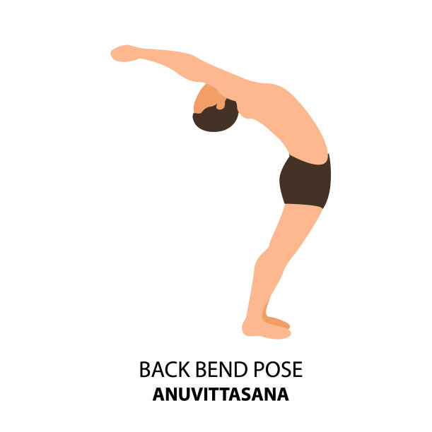 人练习瑜伽姿势孤立矢量插图。男子站在后弯姿势或Anuvittasana，脉轮式，瑜伽体式图标图片下载
