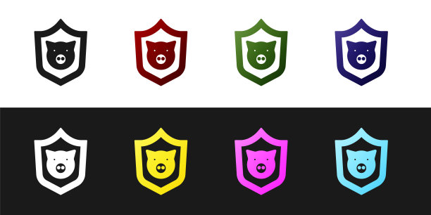 设置盾牌与猪图标隔离在黑白背景。动物的象征。向量图片下载