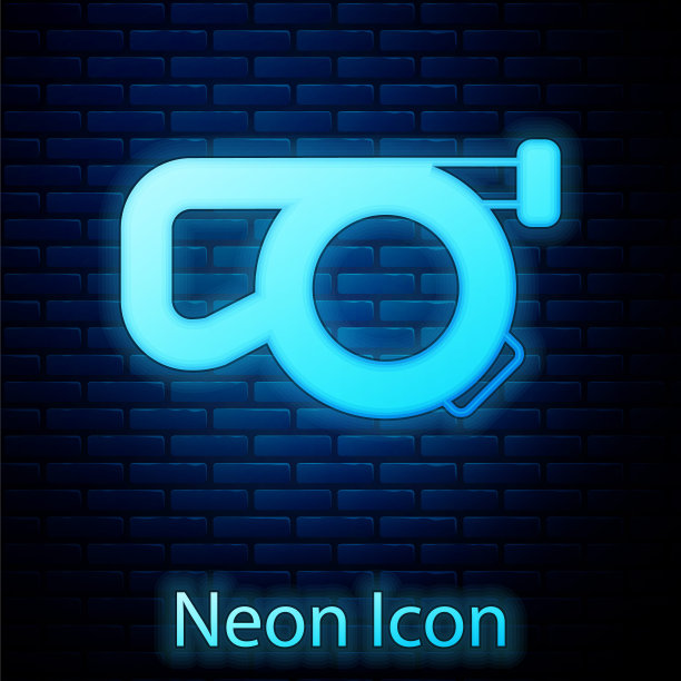 发光的霓虹灯可伸缩绳带与钩环图标隔离在砖墙背景上。宠物狗。户外散步的动物配件。向量图片下载