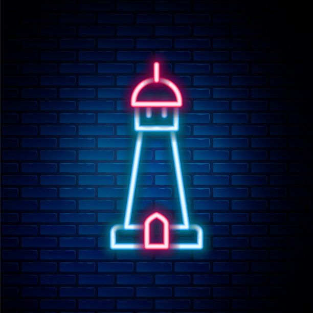 发光的霓虹灯线清真寺塔或尖塔图标孤立在砖墙的背景。色彩斑斓的轮廓的概念。向量图片下载