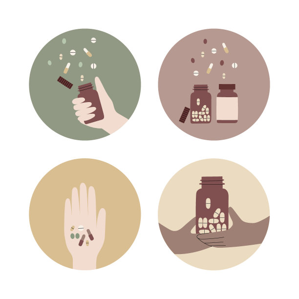 补充剂，维生素和天然保健品矢量彩色手绘插图集。瓶子，药片和胶囊。图片下载