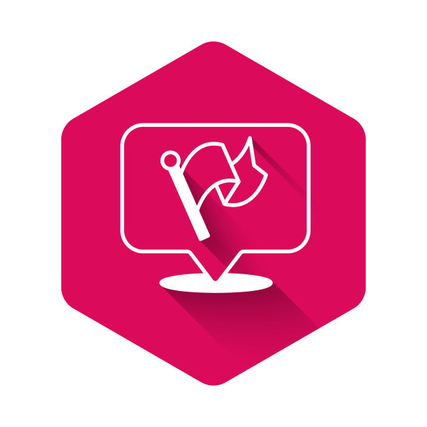 白旗图标孤立与长阴影背景。胜利、制胜和战胜逆境的观念。粉红色的六角按钮。向量图片下载