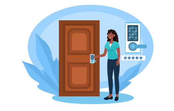 开朗的女性用数字锁开门图片下载