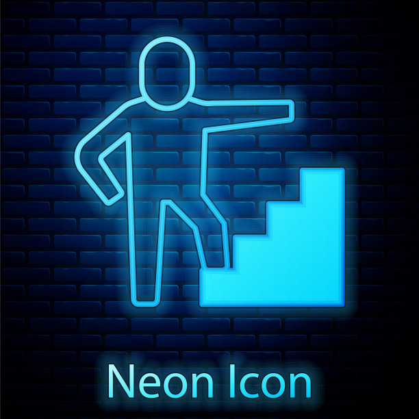 发光的霓虹灯楼梯与完成的旗帜图标隔离在砖墙的背景。职业成长的商业理念。业务发展的概念。向量图片下载