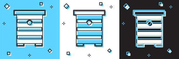 设置蜂巢蜜蜂图标隔离在蓝色和白色，黑色的背景。蜂巢的象征。养蜂场和养蜂。甜蜜的天然食品。向量图片下载