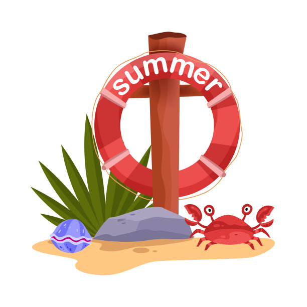 夏季海滩救生浮标概念，海洋红蟹，热带植物，沙子，石头，贝壳。图片下载