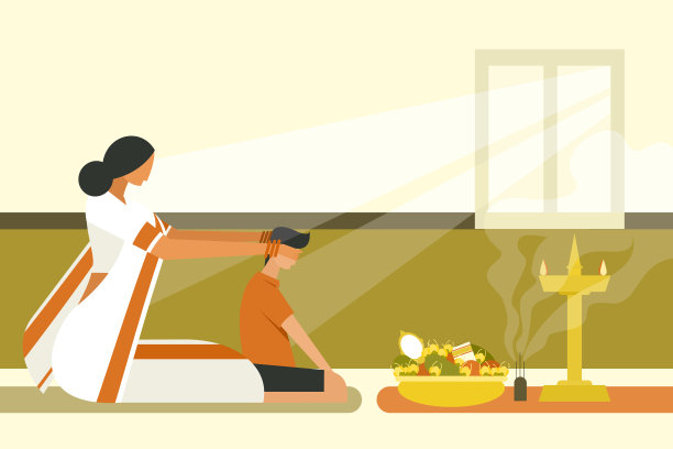 在神圣的事物面前，母亲蒙上她的孩子的眼睛。喀拉拉邦“维舒”节的传统姿势图片下载