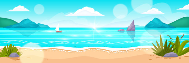 海滩夏季海矢景观，海洋背景，岩石，船，沙，热带岛屿，植物。图片下载