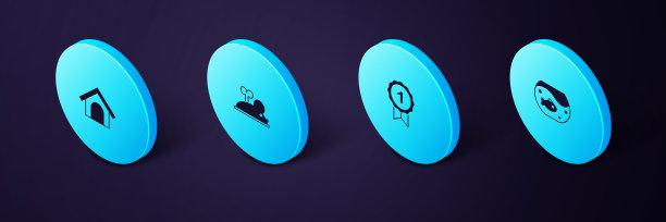 设置等角水族馆与鱼，狗奖励符号，发条鼠标和房子图标。向量图片下载