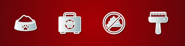 设置宠物食品碗，急救箱，没有屎和毛刷的狗和猫的图标。向量图片下载