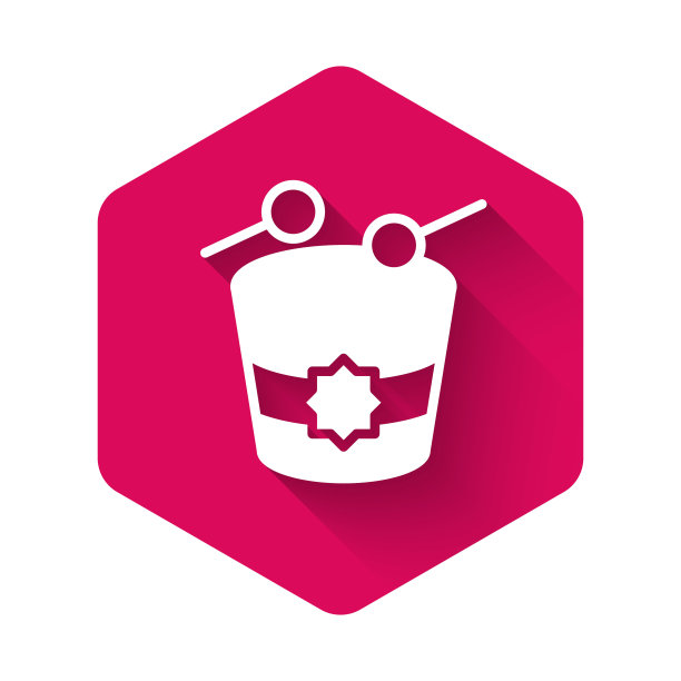 白色斋月鼓图标孤立与长阴影背景。粉红色的六角按钮。向量图片下载