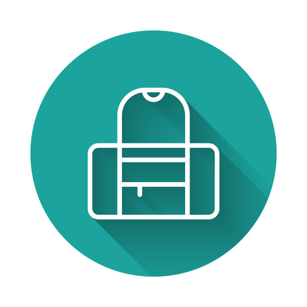 白色线运动包图标孤立与长阴影背景。绿色圆圈按钮。向量图片下载