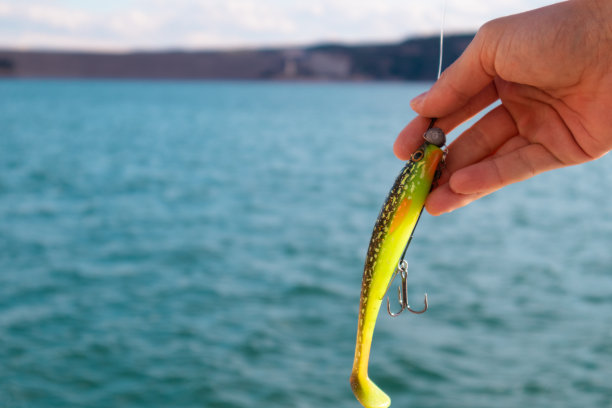 鱼饵用手挂在鱼钩上，适合在湖水清澈、日落时分垂钓图片下载