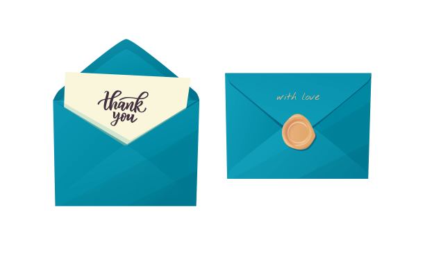手工信封与感谢信。卡通矢量插图。图片下载