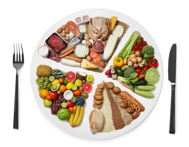 餐具靠近盘子与不同的产品在白色背景，俯视图。平衡的食物图片下载