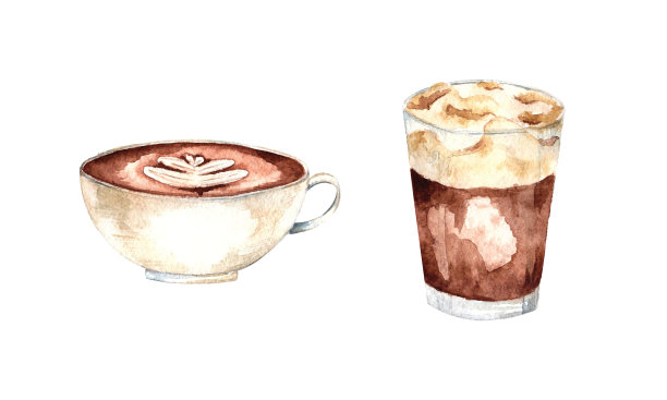 水彩设置与卡布奇诺和拿铁杯，孤立的元素在白色的背景。图片下载