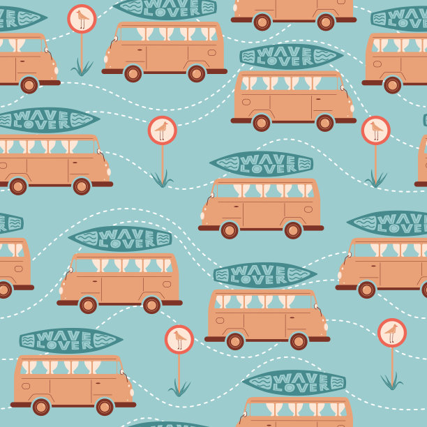 无缝的夏季图案与汽车或公共汽车，冲浪板，路标与鸟或海鸥和字母“波浪爱好者”。矢量插图的织物，包装纸，壁纸，纺织品，背景图片下载