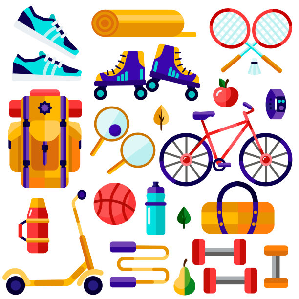 旅游、体育、健身盘点。健康生活方式矢量平面插图。图片下载