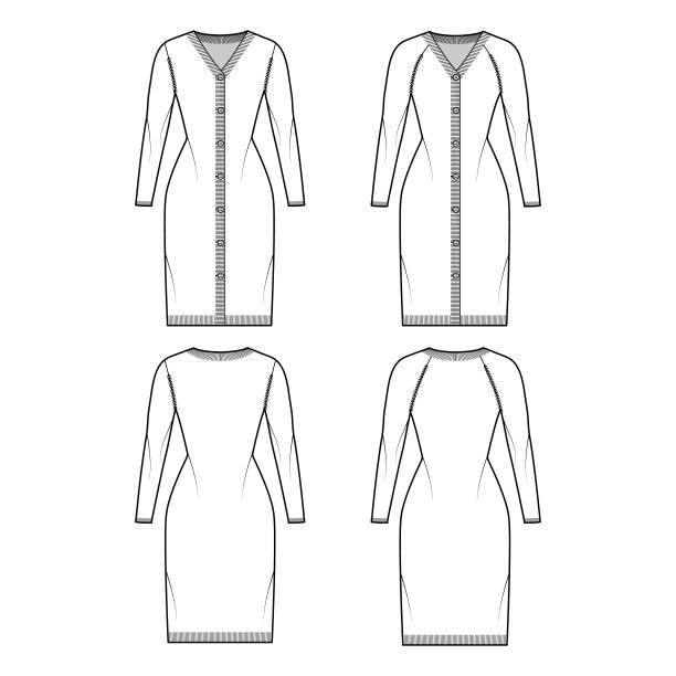 一套连衣裙开襟羊毛衫技术时尚插图与罗纹V领，长插肩袖，关闭苗条合身图片下载