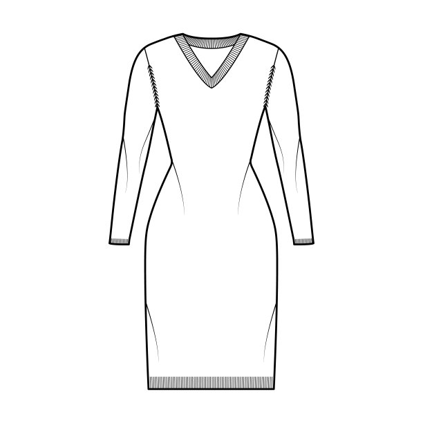 v领连衣裙毛衣技术时尚插图与长袖，苗条合身，及膝长度，针织肋饰平套头衫图片下载