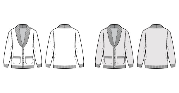 羊毛开衫披肩领毛衣技术时尚插图，长袖，超大号，针织罗纹装饰，钮扣关闭图片下载