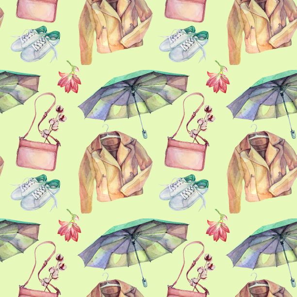 无缝图案水彩米色皮夹克，粉红色的包，伞，运动白色运动鞋在绿色的背景。手绘对象休闲服装贴纸，商店，墙纸，销售，速写本图片下载