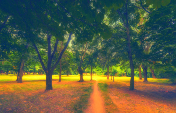 油画山水画-穿越春天公园的步道图片下载