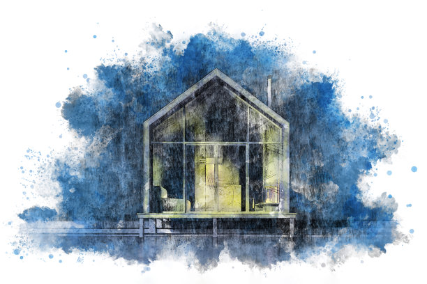 铅笔和水彩画的一个现代住宅与一个阳台在轻白纸。带有白色轮廓的傍晚蓝色灯光和从窗户透出的温暖光线。股票插图图片下载