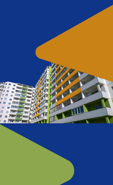 公寓销售和出租物业广告模板。新住宅建筑在蓝色背景上，橙色和绿色的三角形。房地产。抵押和利率概念。垂直的旗帜图片下载