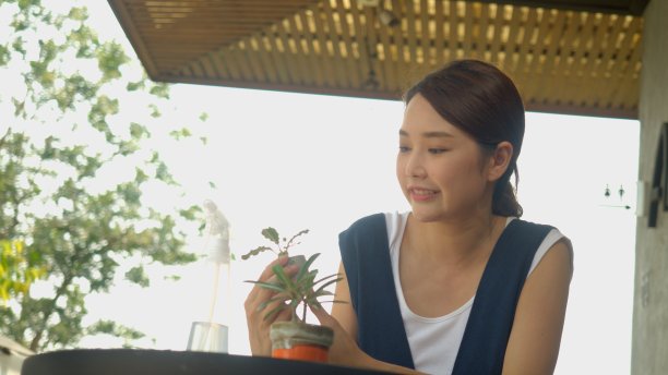 开朗的亚洲女性植物，拿着智能手机拍下生长在花园里的有机观赏植物的照片上传到社交网站。爱好的概念，生活方式，创业的企业主。图片下载