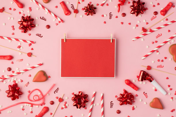 顶视图照片的生日组成与红色缎带星星、蛇、五彩纸屑、心形饼干、明亮的装饰和红色空卡片模板与木别针在中间在柔和的粉红色背景与copyspace图片下载